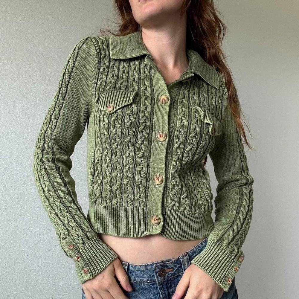 Sundance olive green cable knit cropped carigan